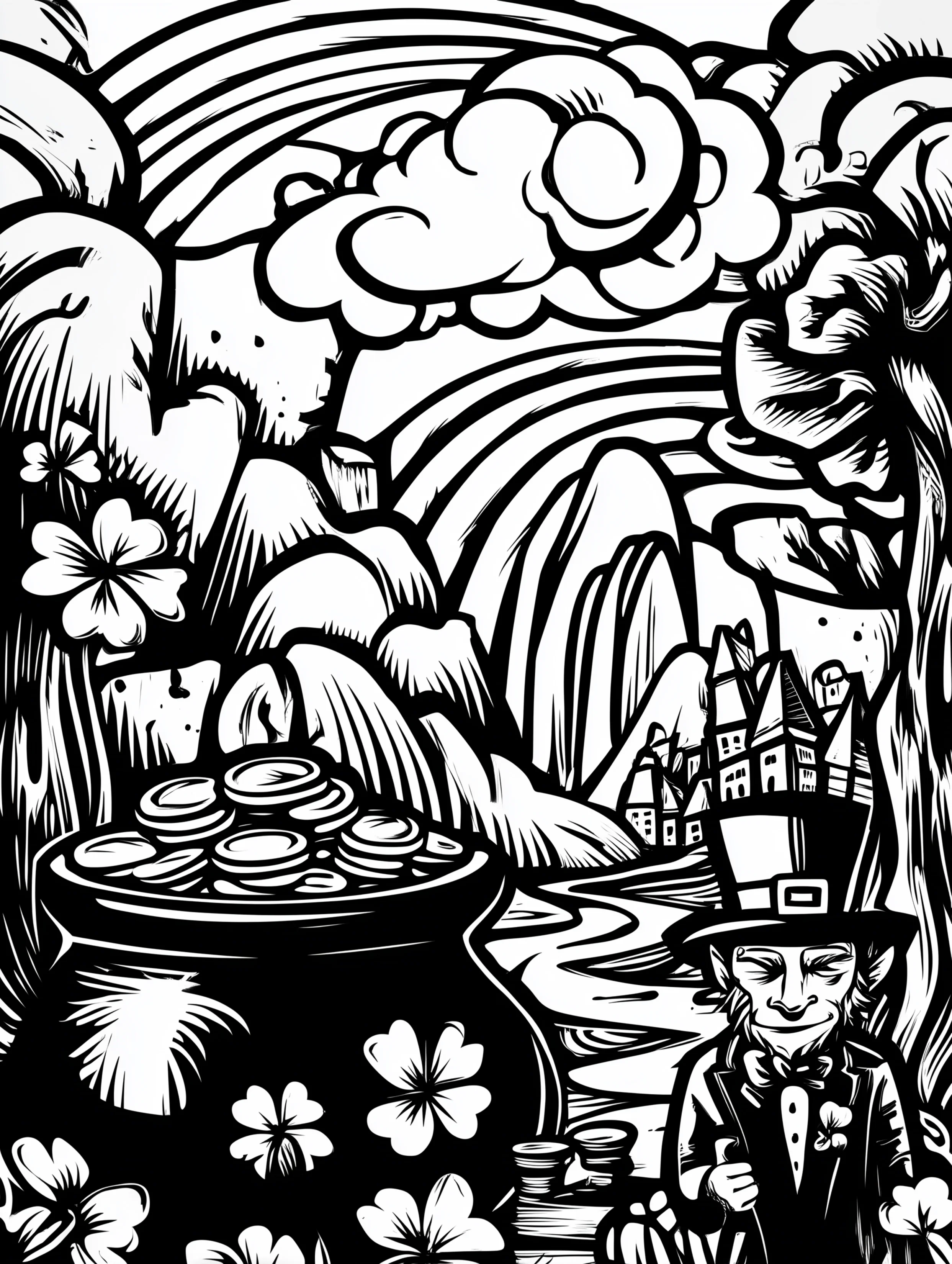 Free printable St Patricks Day coloring page for adults featuring a leprechaun in an outdoor scene